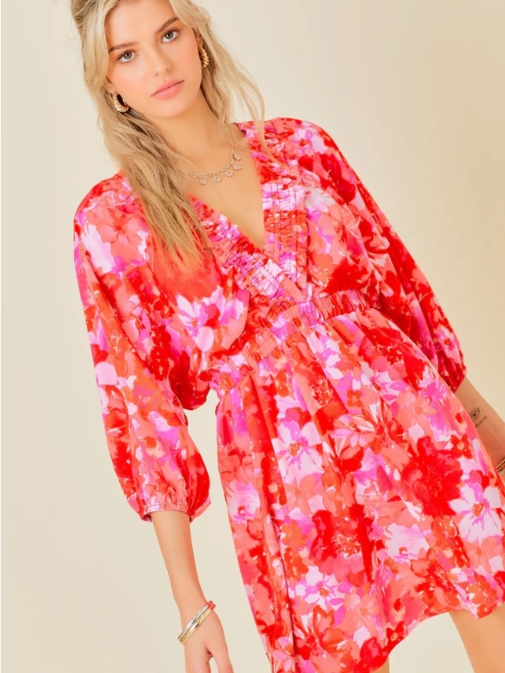 Day + Moon Vibrant Pinks & Red Sunset Floral V-Neck Mini Dress Summer Hot NWT